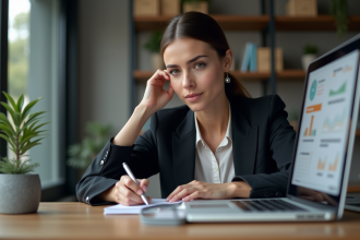 Femme professionnelle analysant des donn&eacute;es marketing sur son ordinateur