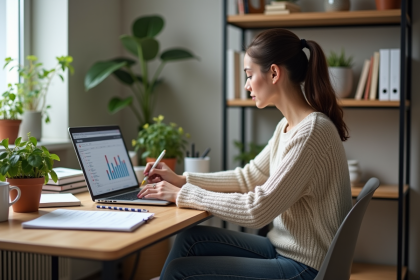 Jeune femme analysant des statistiques SEO dans son bureau lumineux
