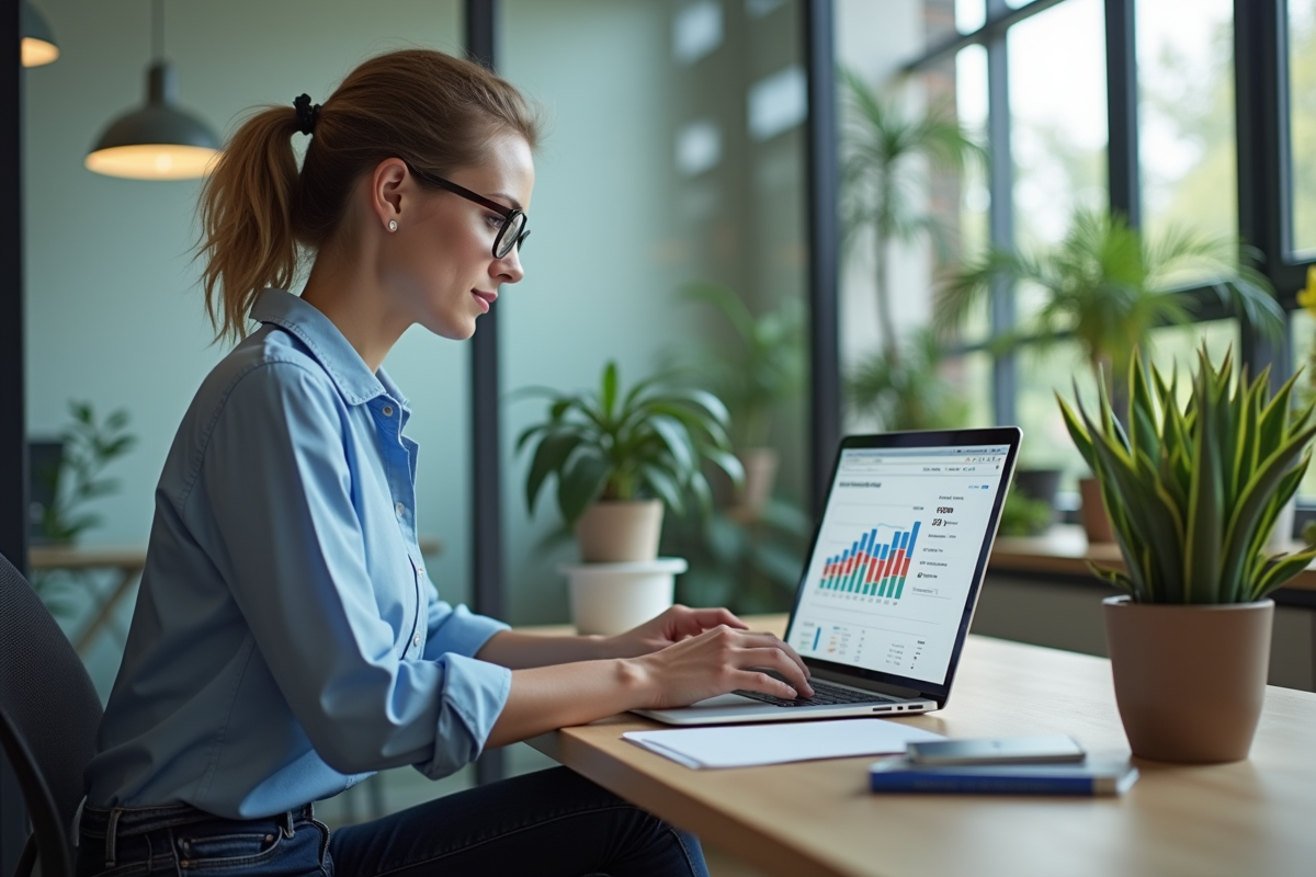 Femme analysant des données marketing sur son ordinateur