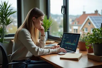 Jeune femme travaillant sur un ordinateur avec code blockchain