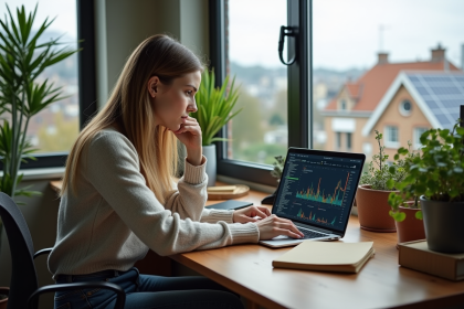 Jeune femme travaillant sur un ordinateur avec code blockchain