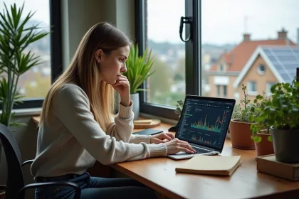 Jeune femme travaillant sur un ordinateur avec code blockchain