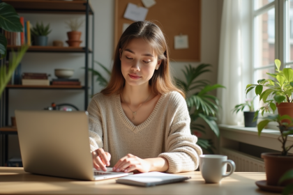 Jeune femme travaillant sur son ordinateur dans un bureau chaleureux