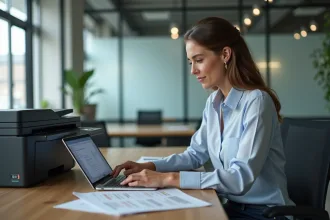Femme d'affaires au bureau avec documents et ordinateur