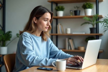 Femme en bureau lumineux travaillant sur son ordinateur