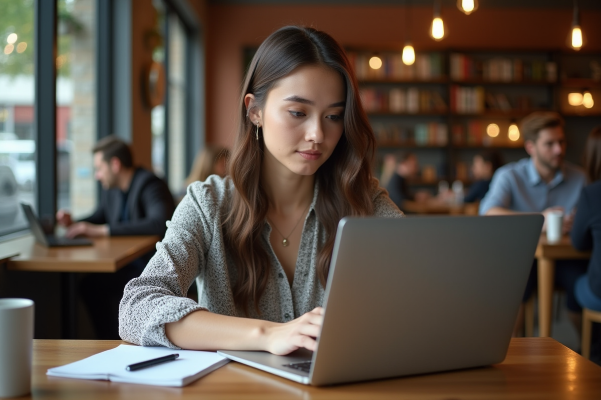 Jeune femme travaillant sur son ordinateur dans un café urbain