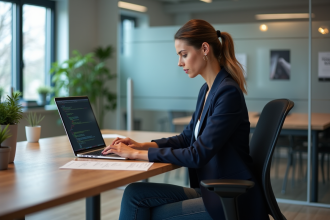 Femme en blazer navy travaillant sur un ordinateur dans un bureau moderne