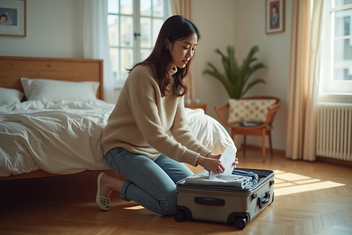 Jeune femme rangeant une enveloppe dans une valise