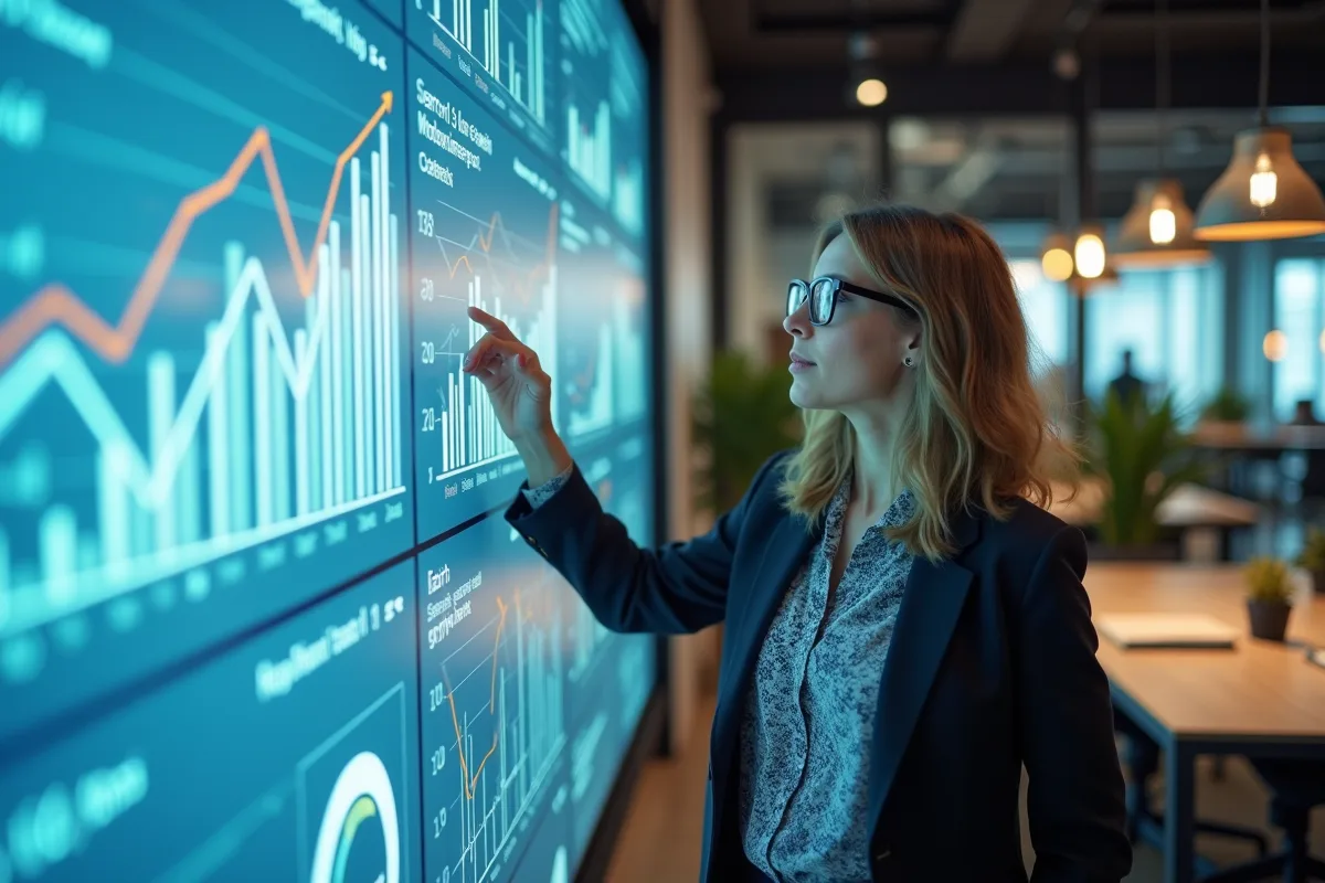 Femme en réunion pointant un graphique SEO sur tableau interactif