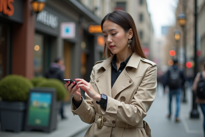 Femme élégante portant trench et montre connectée en ville