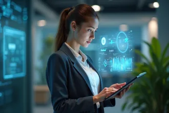 Jeune femme en blazer utilisant une interface digitale dans un bureau moderne