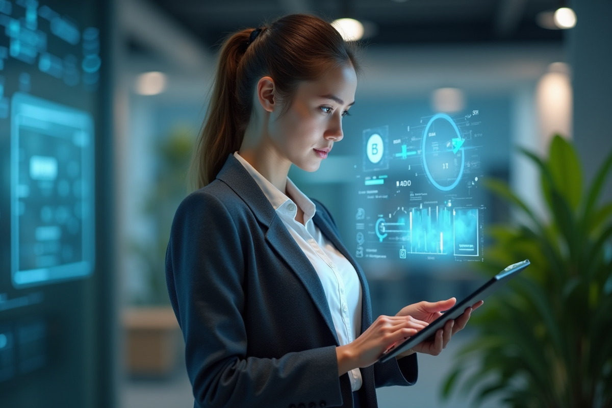 Jeune femme en blazer utilisant une interface digitale dans un bureau moderne