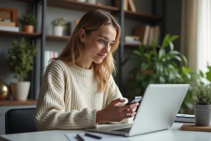 Jeune femme utilisant son smartphone à son bureau à domicile