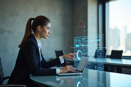 Jeune femme en business interactant avec un ordinateur quantique