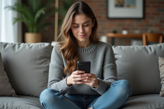 Jeune femme dans un salon regarde son smartphone éteint