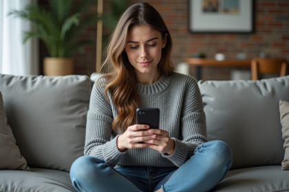 Jeune femme dans un salon regarde son smartphone éteint