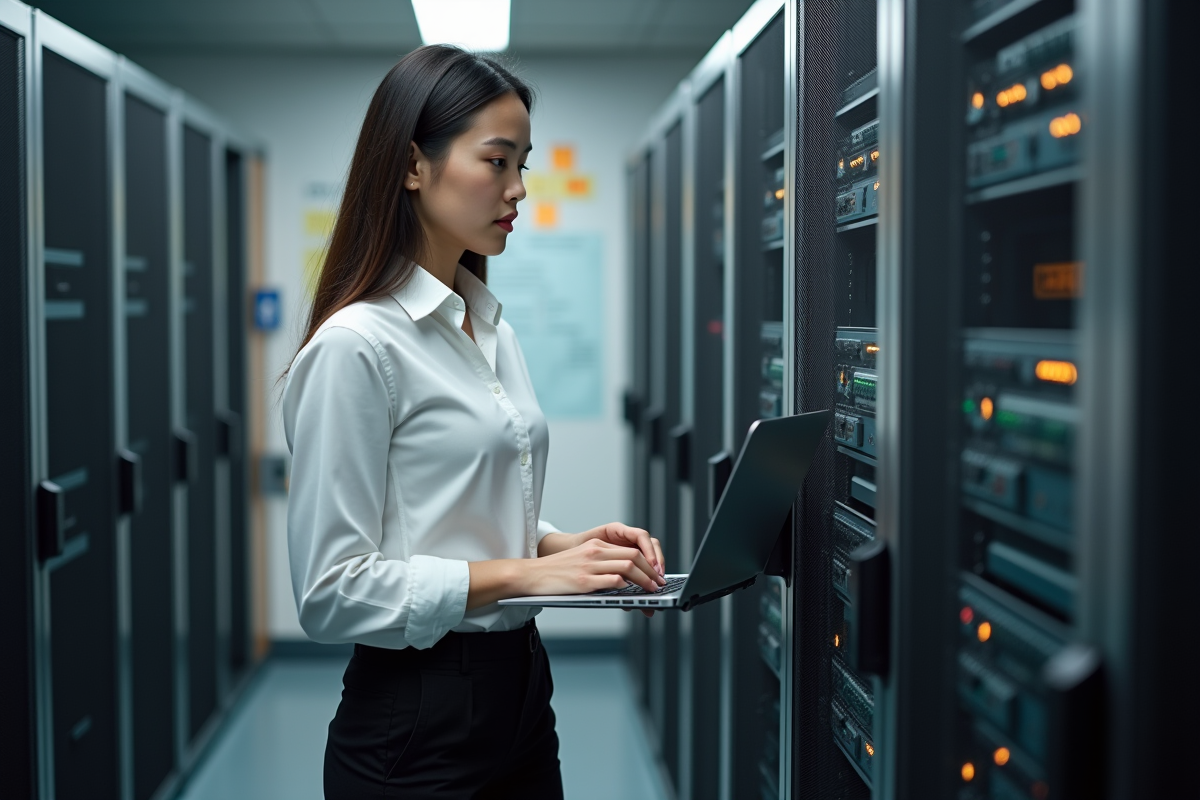 Jeune femme travaillant sur un serveur dans un bureau technique