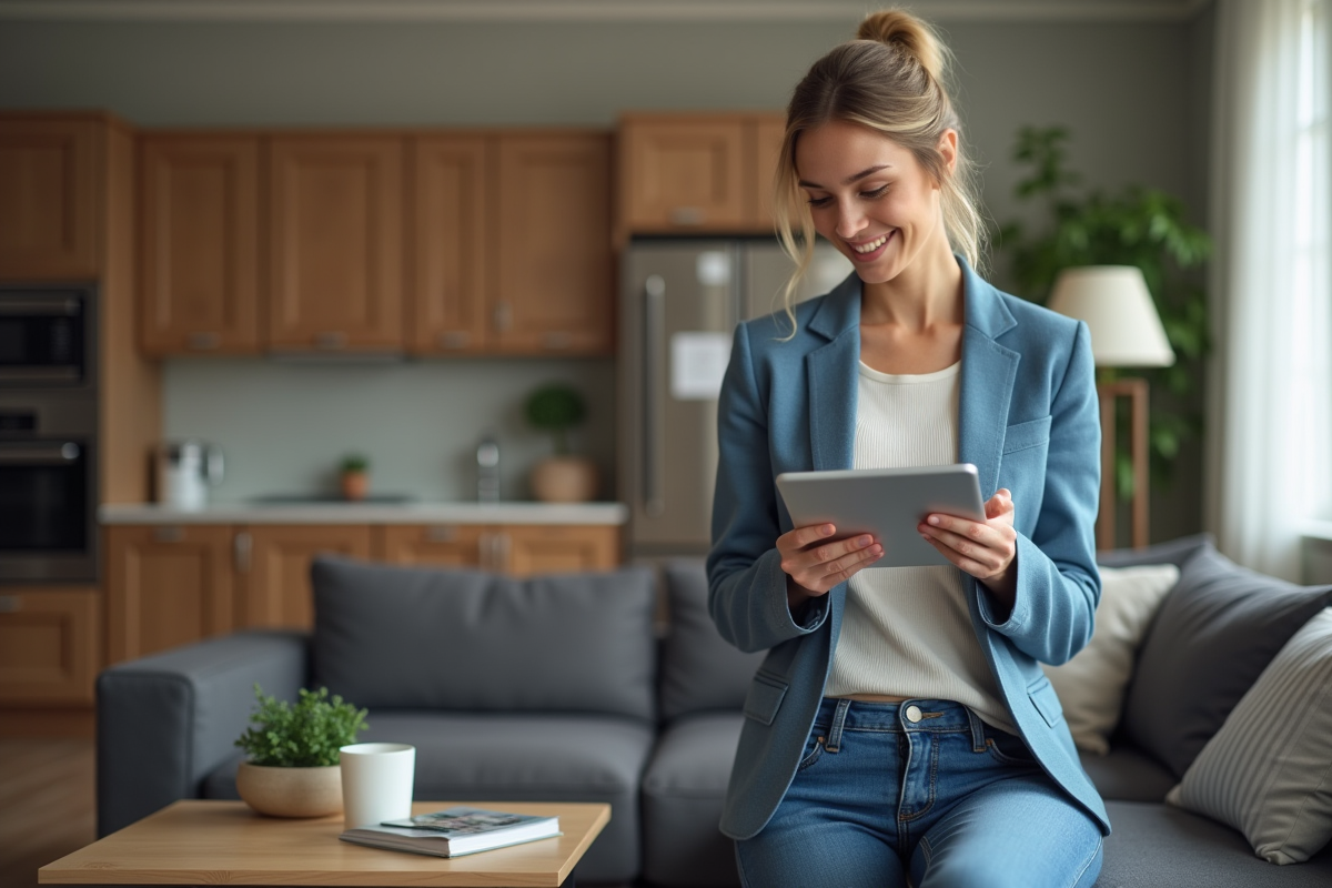 Jeune femme vérifie ses appareils connectés dans un salon moderne