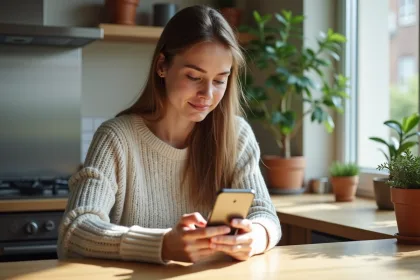 Jeune femme utilisant une application de securite sur son smartphone dans une cuisine lumineuse
