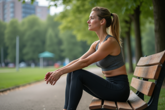 Femme sportive assise sur un banc de parc urbain