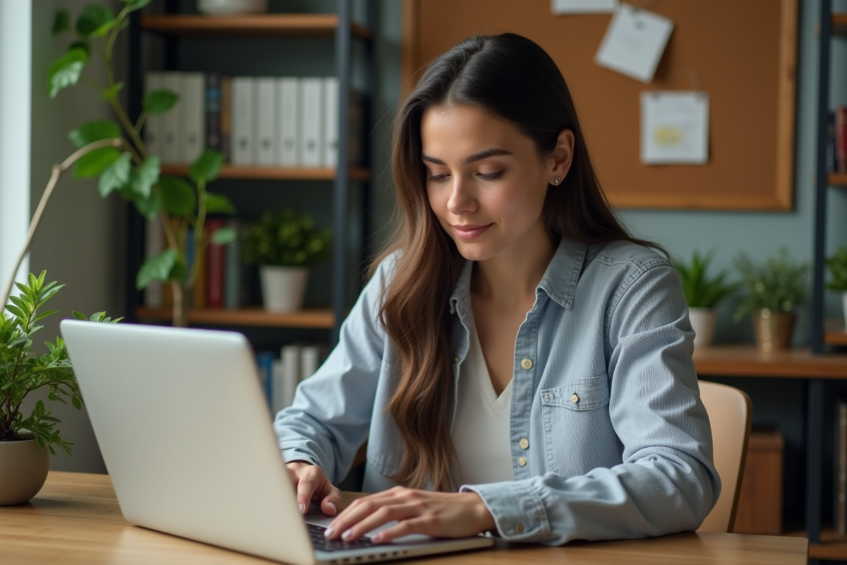 Jeune femme concentrée travaillant sur son ordinateur à domicile