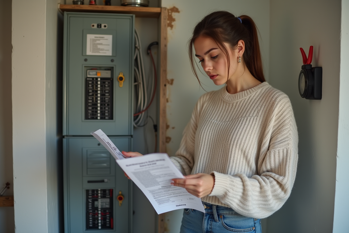 Jeune femme contrôlant un panneau électrique domestique