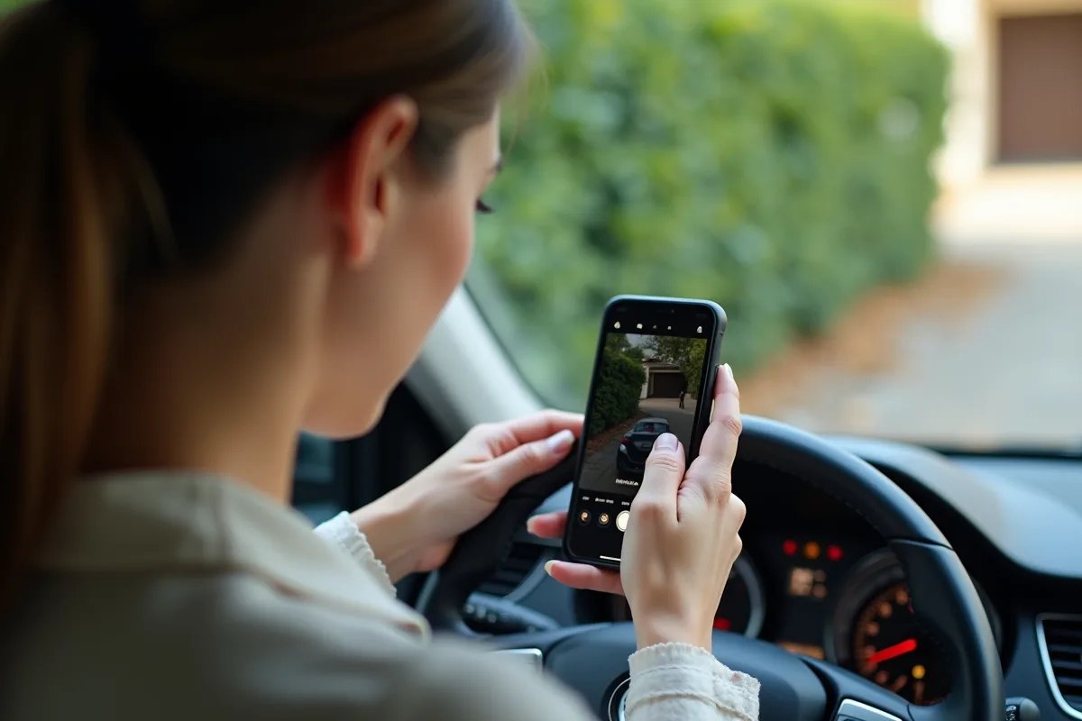 Jeune femme photographiant le compteur de sa voiture avec son smartphone