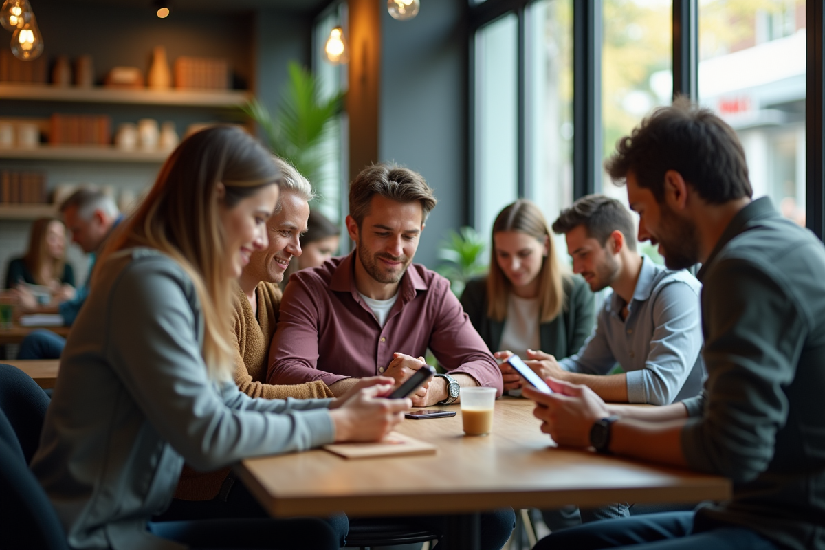 Groupe diversifié de personnes dans un café moderne utilisant leurs smartphones
