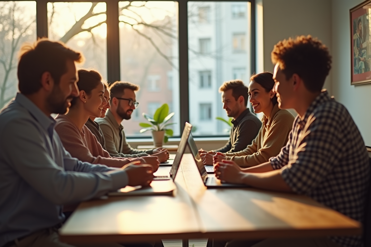 Groupe diversifié utilisant des appareils numériques autour d'une table
