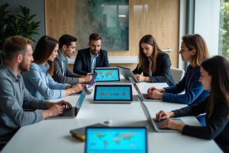 Groupe de professionnels analysant des tableaux de bord numériques