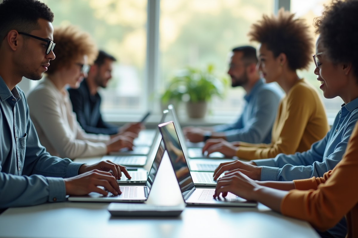 Groupe divers d'utilisateurs avec ordinateurs et smartphones