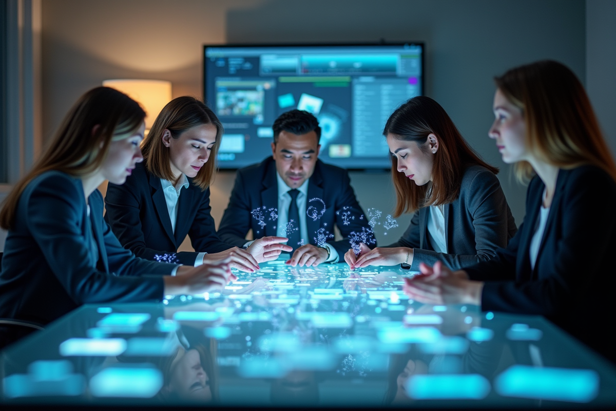Groupe de professionnels interagissant avec hologrammes de futurs ordinateurs