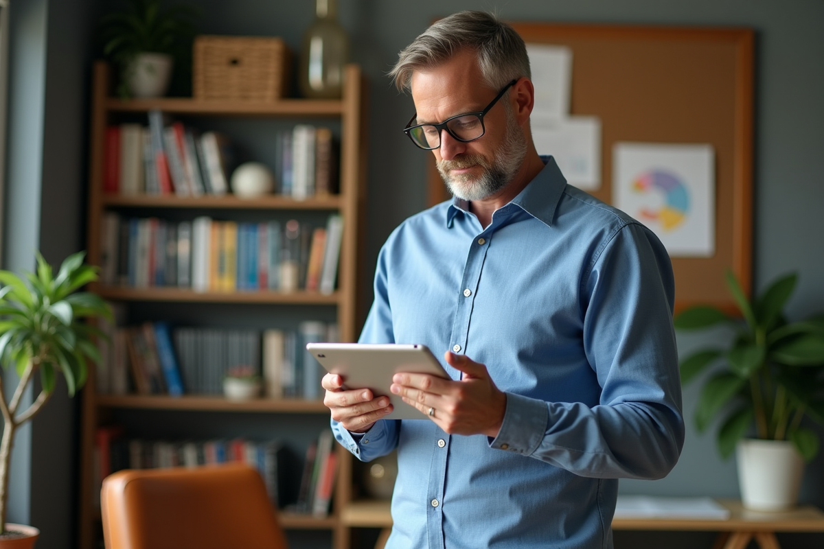 Homme analysant ses emails dans un espace de travail cosy