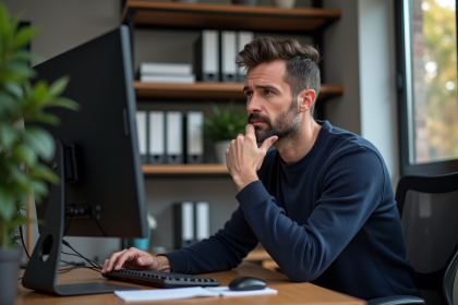 Homme d'âge moyen concentré devant son ordinateur dans un bureau moderne