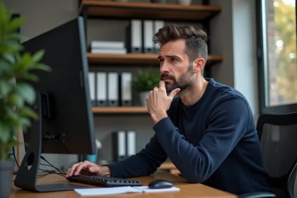 Homme d'âge moyen concentré devant son ordinateur dans un bureau moderne