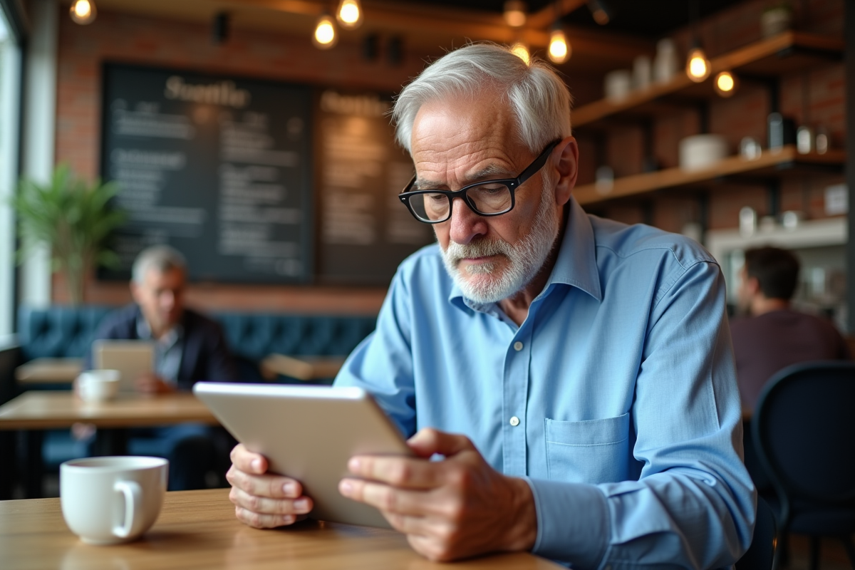 Homme âgé lisant une lettre sur une tablette dans un café moderne