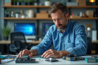 Homme d'âge moyen configure un capteur IoT dans un laboratoire