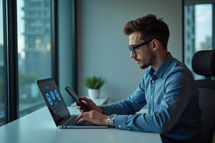 Jeune homme d'affaires regardant un tableau de bord numérique
