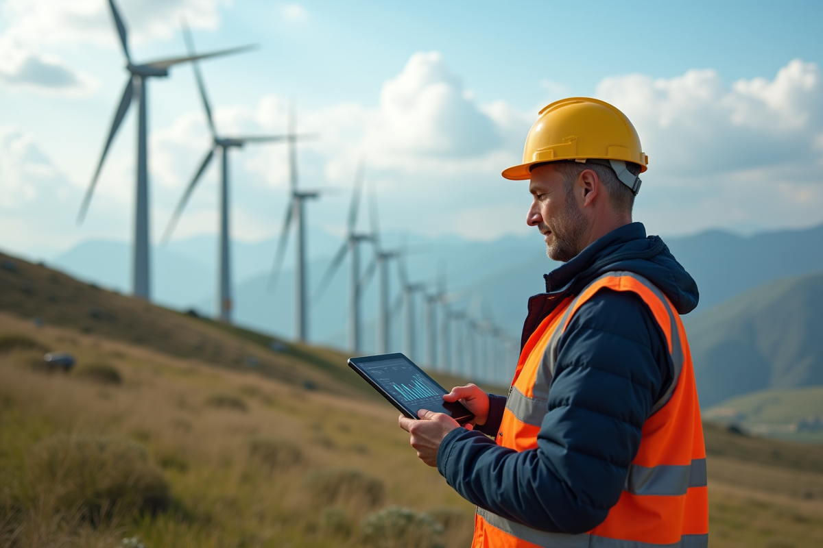 Homme en extérieur avec éoliennes et tablette blockchain