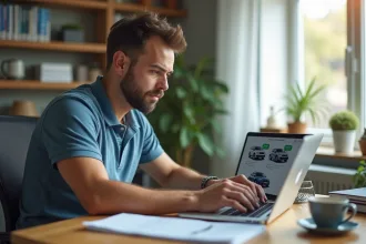 Homme d'âge moyen utilisant un ordinateur pour consulter des annonces auto