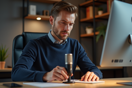 Homme d'âge moyen ajustant un micro dans un bureau à domicile