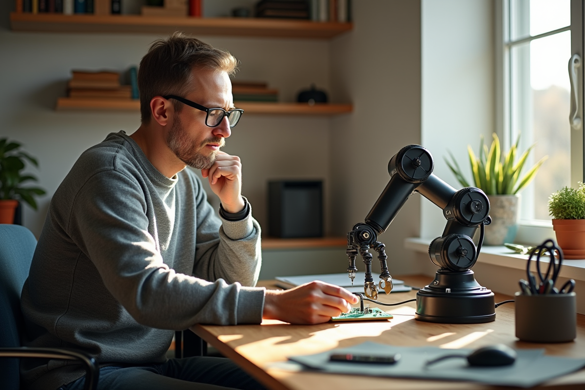 Homme contrôlant un bras robotique assemblant des circuits électroniques