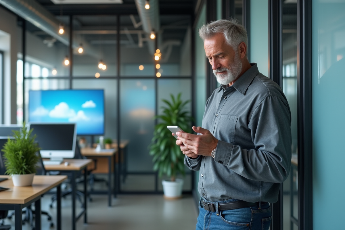 Homme regardant ses notifications sur son smartphone dans un espace de travail