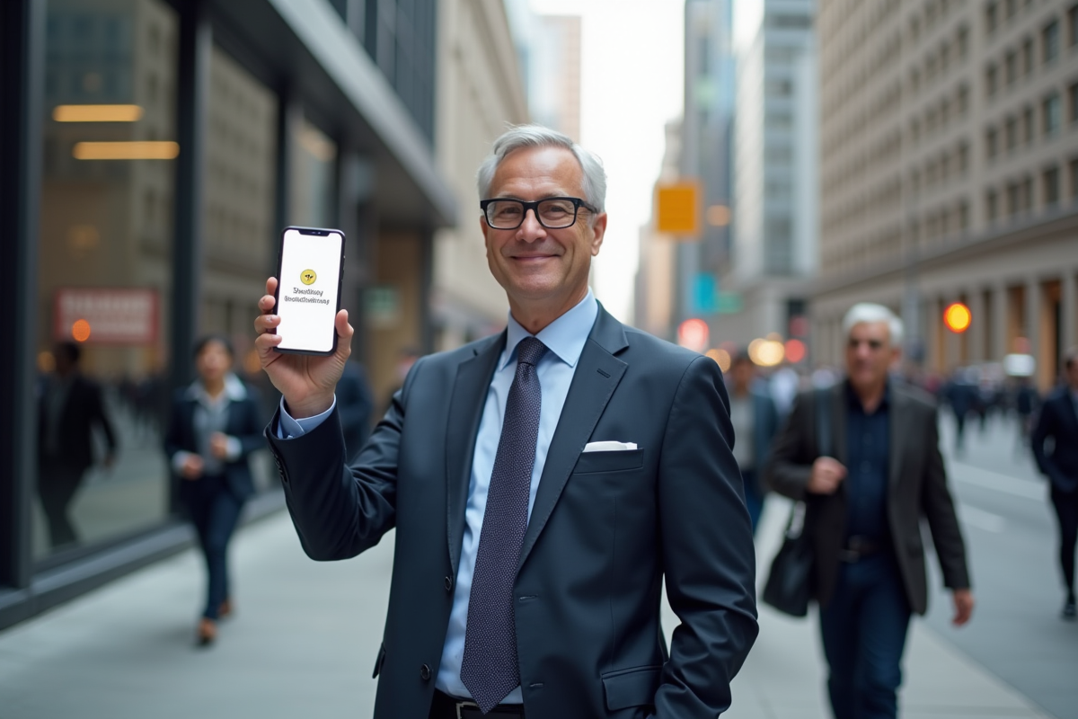 Homme d affaires montrant une notification de securite sur son smartphone en ville