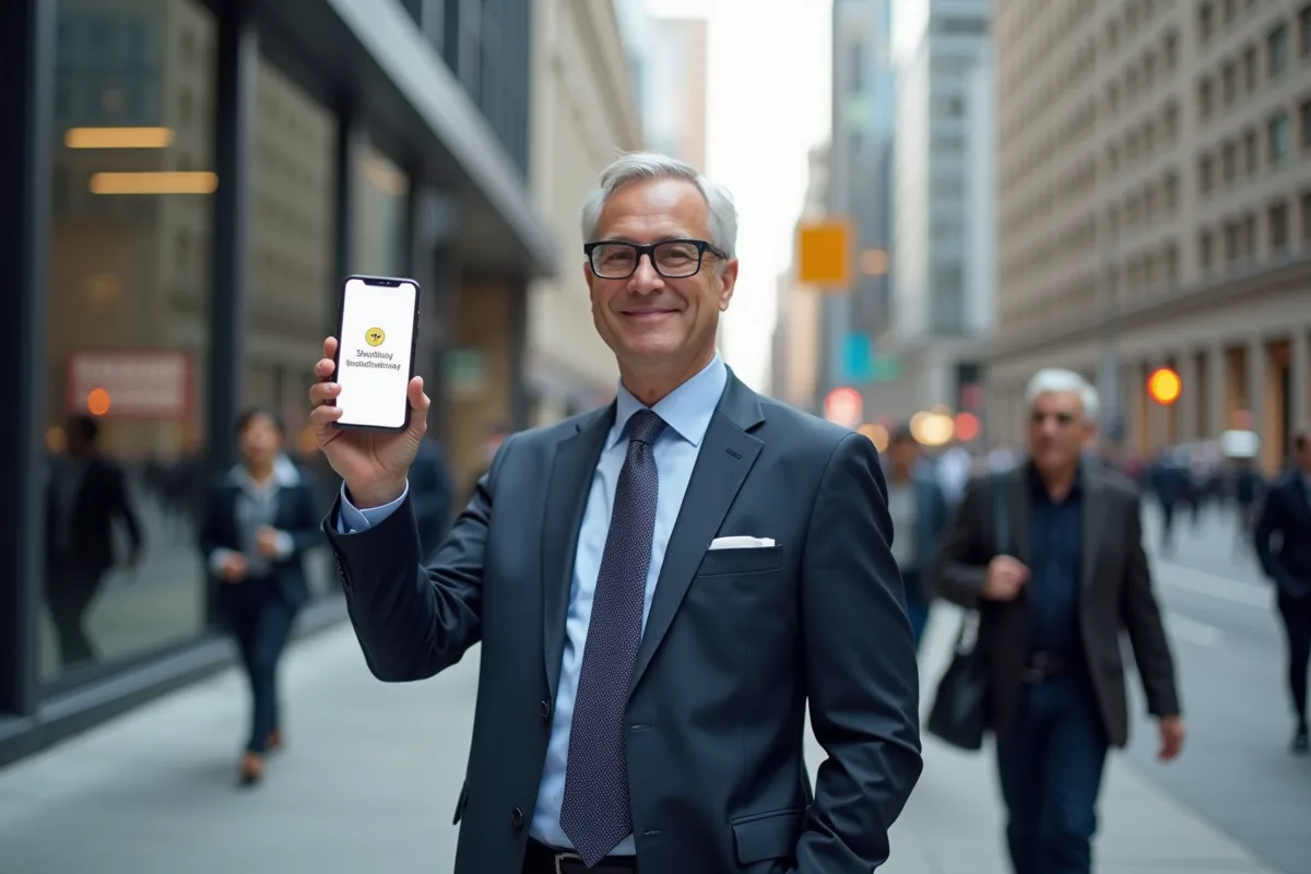 Homme d affaires montrant une notification de securite sur son smartphone en ville
