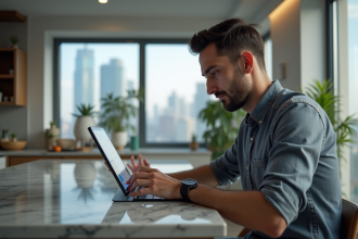 Homme assis à une table moderne utilisant une tablette futuriste