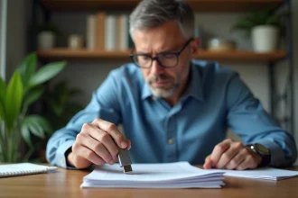 Homme d'âge moyen insérant une clé USB sous des papiers