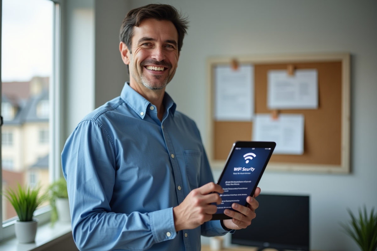 Homme vérifiant la sécurité WiFi avec une tablette