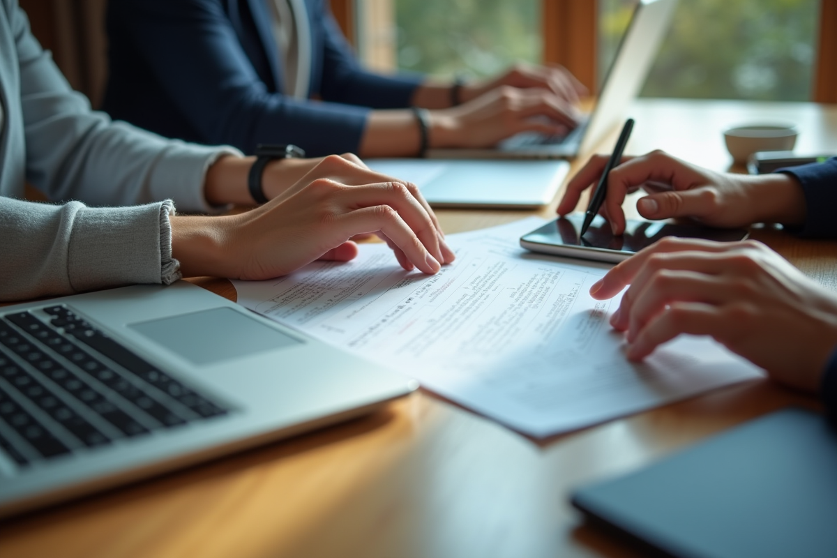 Mains tapant sur appareils numériques et documents partages