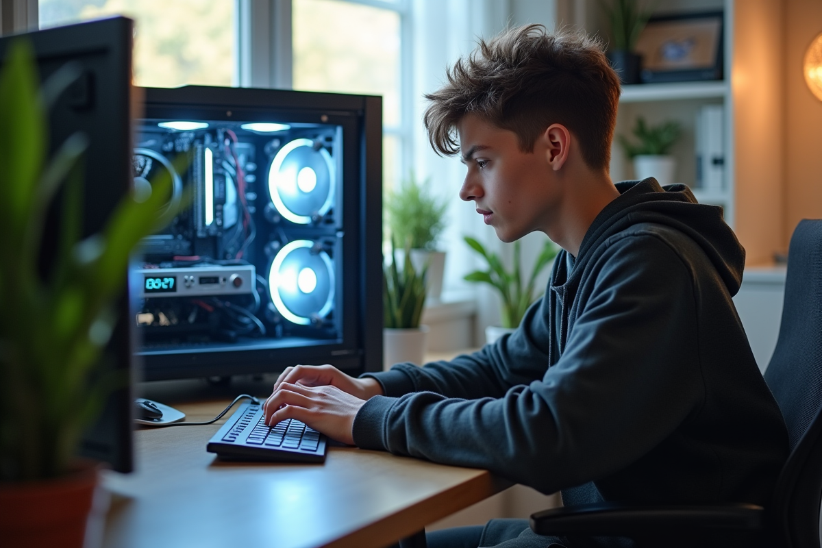 Jeune adulte optimisant un PC de bureau moderne dans un bureau lumineux